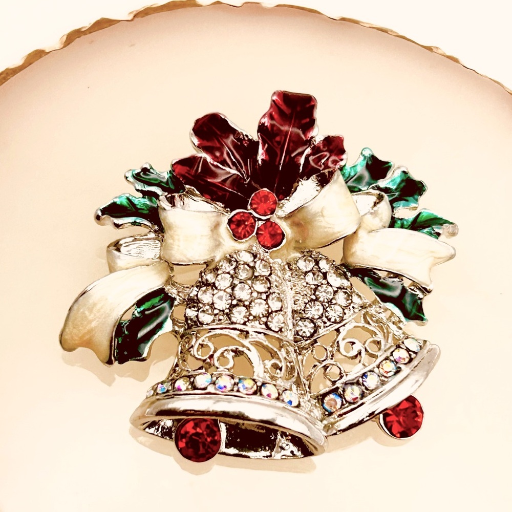 Vintage Silver & Gold Tone Enamel Christmas Bells Seed Bead Rhinestone Brooch